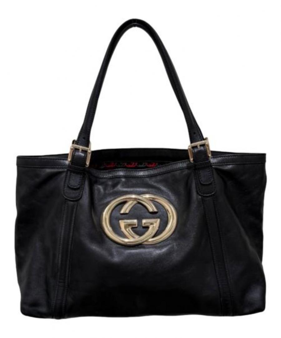 GUCCI (グッチ) インターロッキングGレザートートバッグ ブラックの