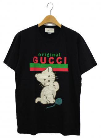 GUCCI (グッチ) キャット刺繍Tシャツ ブラック サイズ:S 615044
