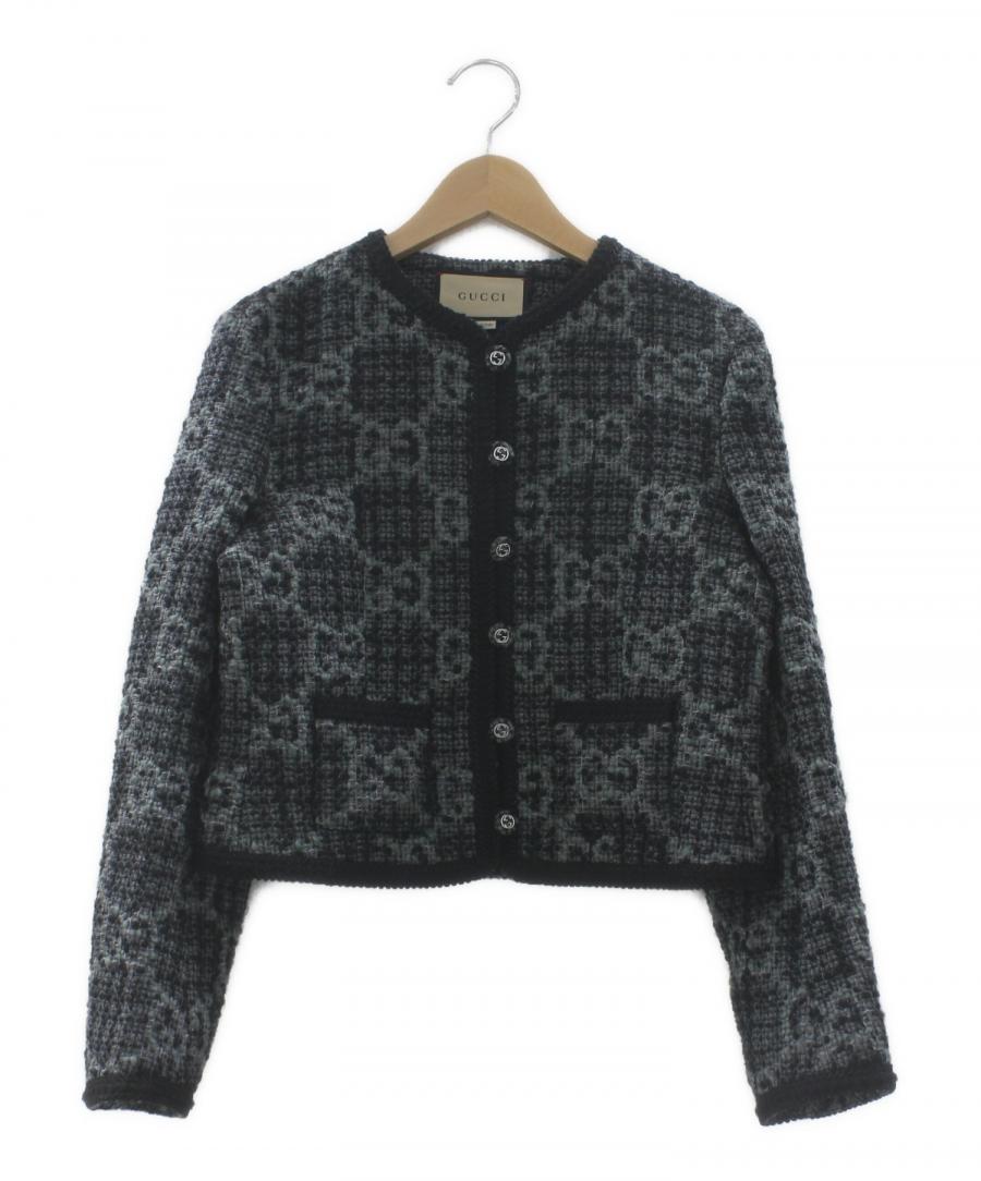 Gucciツイードジャケット38 GUCCI (グッチ) ノーカラークロップジャケット GGツイード グレー