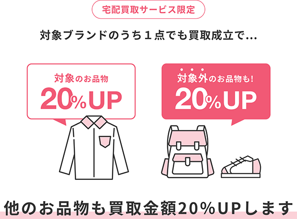 宅配買取サービス限定　対象ブランドのうち1点でも買取成立で、他のお品物も買取金額20%アップします。