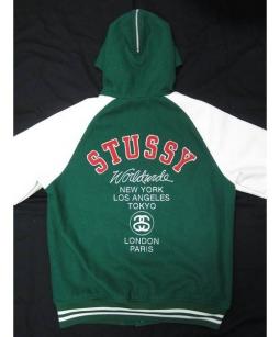 Stussy スタジャン 緑 '22 stussy ステューシー 】スタジャン グリーン 袖フェイクレザー