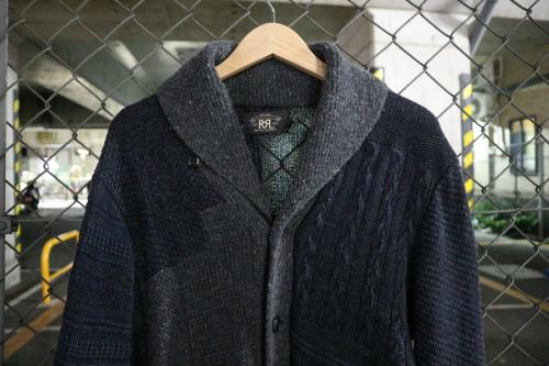 ダブルアールエルのインディゴパッチワークショールカラーカーディガン