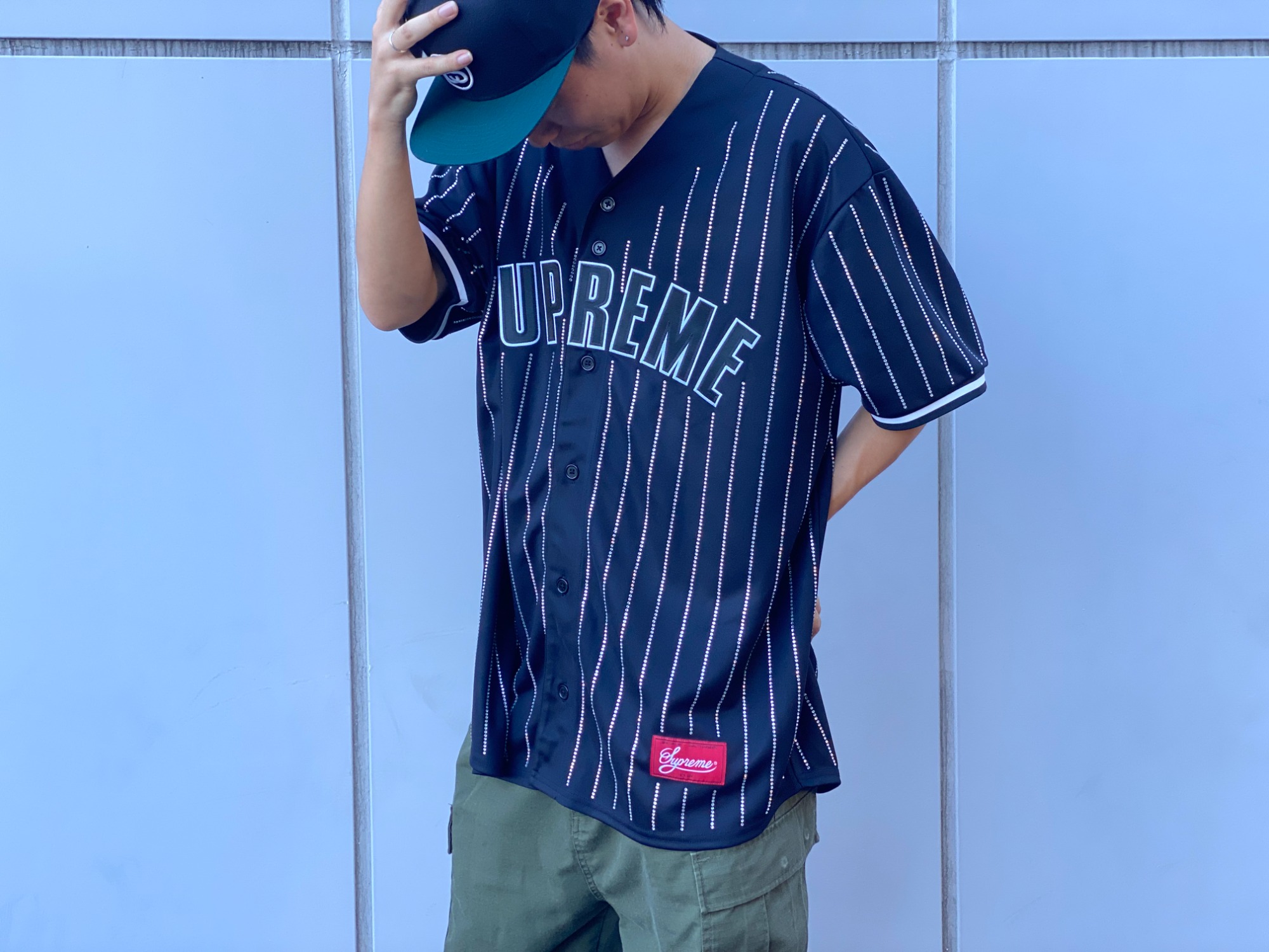 Supreme RhinestoneStripe Baseball Jerseyロープロファイル