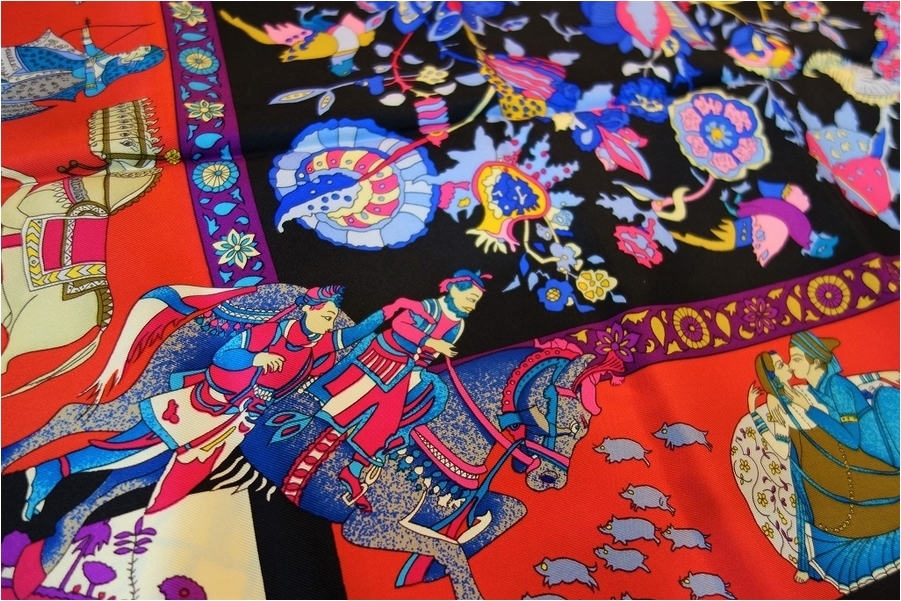 HERMES カレ90 馬車ランタン Feux de Route スカーフ 赤 ちんぷ