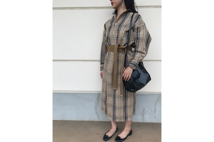 ティッカ＊スクエアビッグシャツワンピース チェック ベージュ