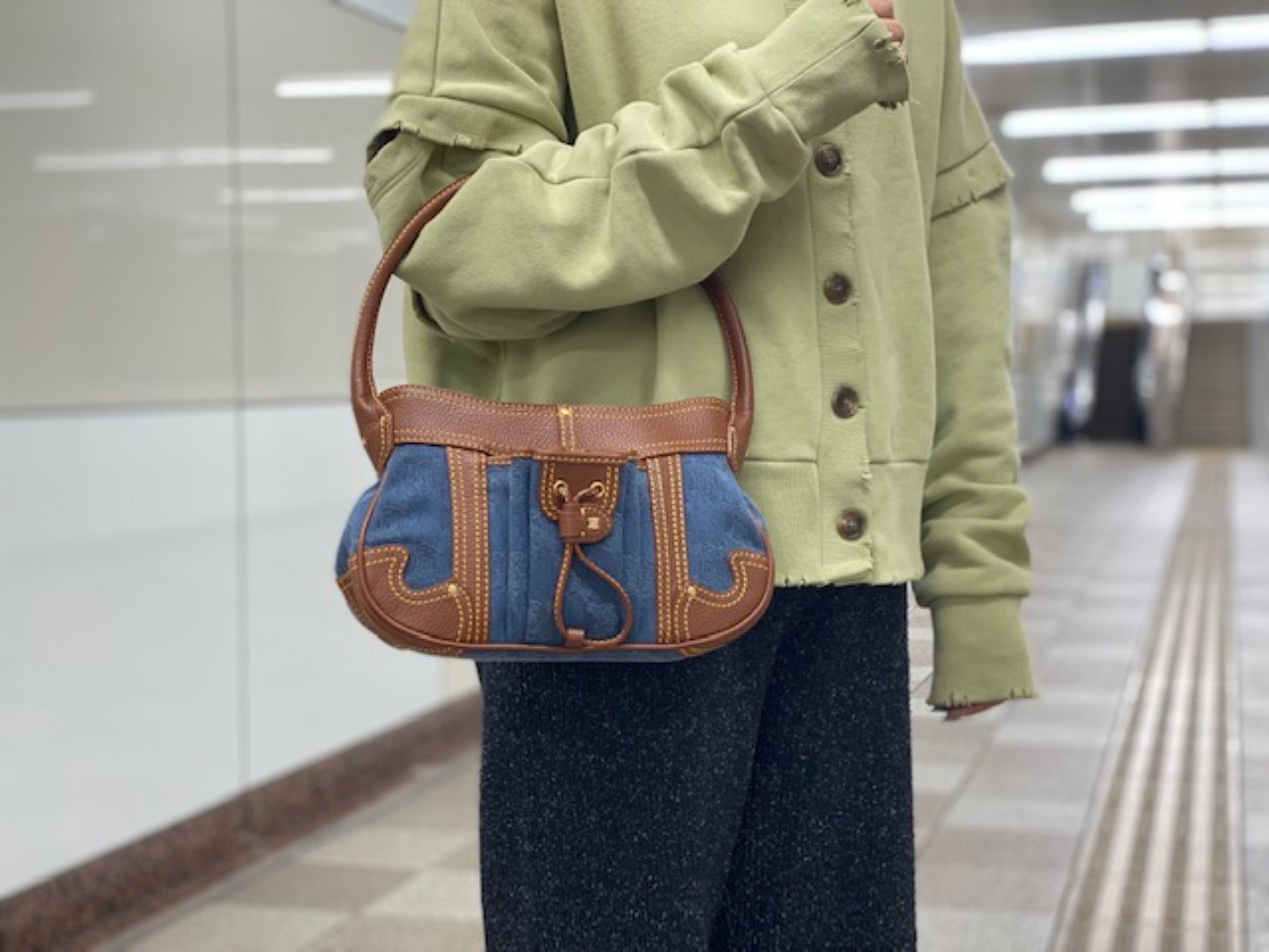 CELINE セリーヌ トートバッグ デニム インディゴ アイボリー レザー シルバー金具 マカダム 普段使い レディース 女性 カジュアル tote bag denim leather