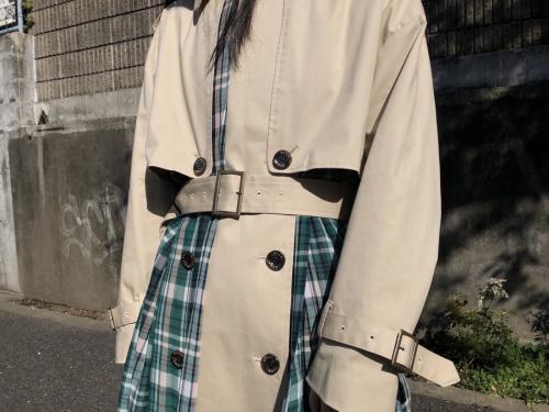 オリジナルチェックスプリングトレンチコートのスプリングコート　ロングコート　デザインコート