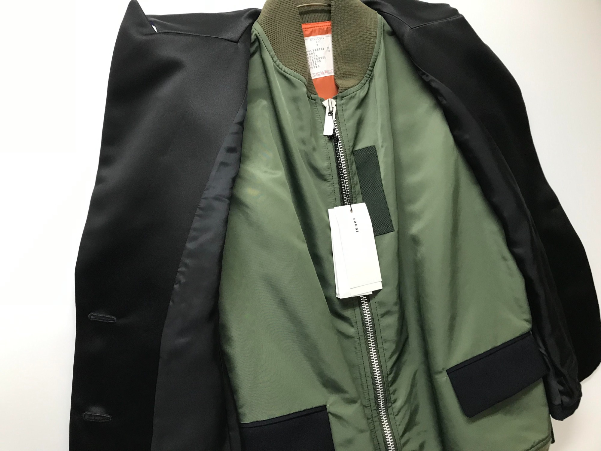 sacai - サカイ 21SS スーツミックス ス―チング MA1 ジャケット 中綿 2 黒 sacai - サカイ 21SS スーツミックス ス―チング MA1 ジャケット
