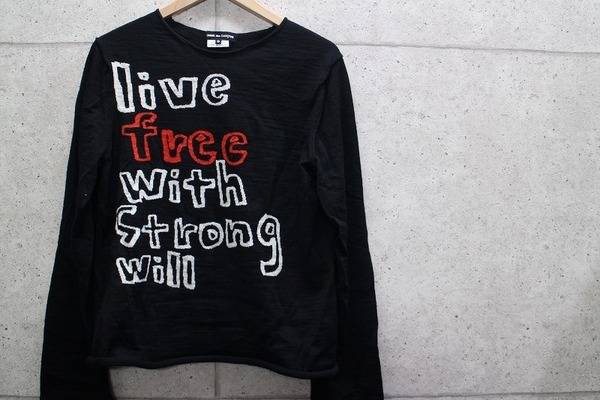 美品 11aw コムデギャルソン COMME des GARCONS live free with Strong will ウール ロング Tシャツ ニット XS ブラック レディース COMME des GARCONS コムデギャルソン 11AW live free with