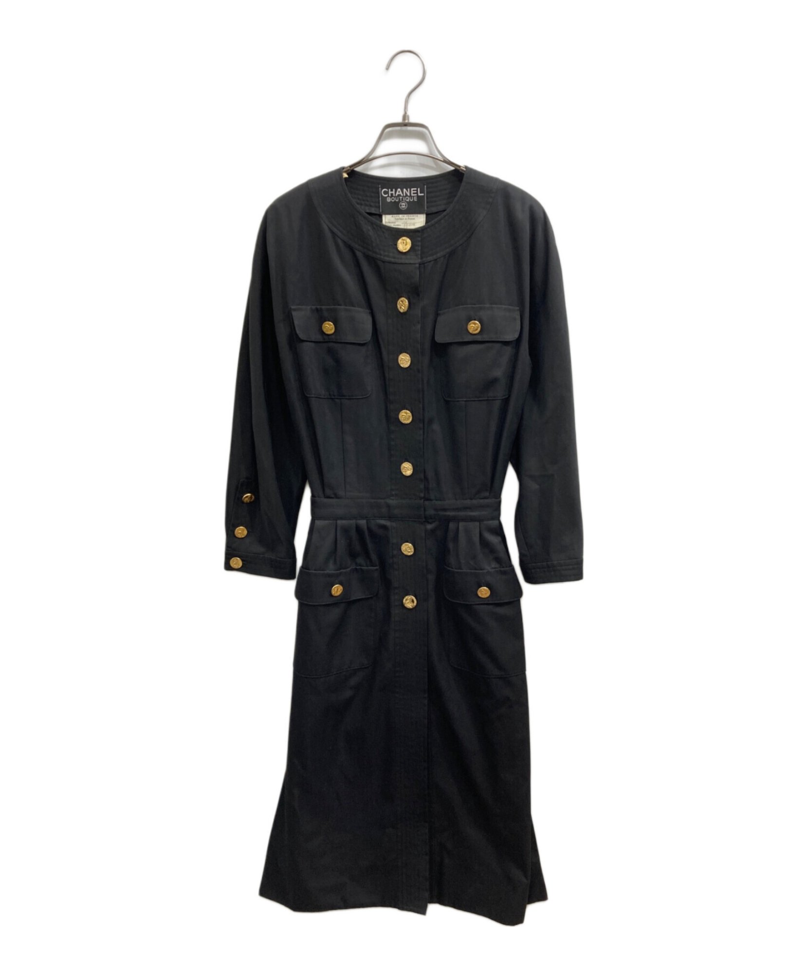 美品 シャネル ワンピース フレア L ブラック コットン 金ボタンVV077 CHANEL BOUTIQUE / シャネル ブティック】 金ボタンワンピース|時を