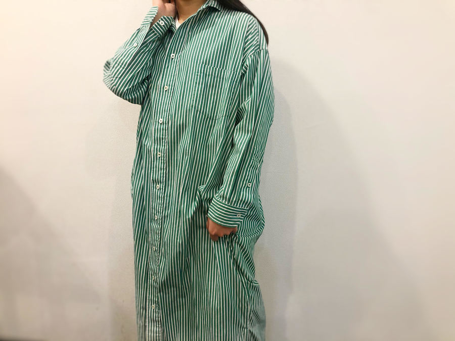 極美品 TICCA シャツワンピース F グリーンストライプ ストライプシャツワンピース ひざ丈 長袖 F 青 水色 ブルー