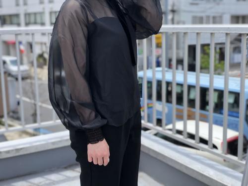 シフォンフリル衿リボンブラウスのレディース ブラック