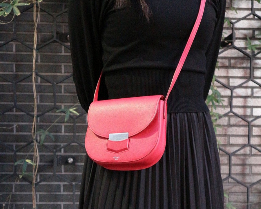 CELINE セリーヌ ショルダーバッグ トロッター スモール ピンクレッド系 レザー レディース フューシャピンク シルバー金具 美品【本物保証】 CELINE - セリーヌ CELINE トロッター スモール バイカラー ショルダー
