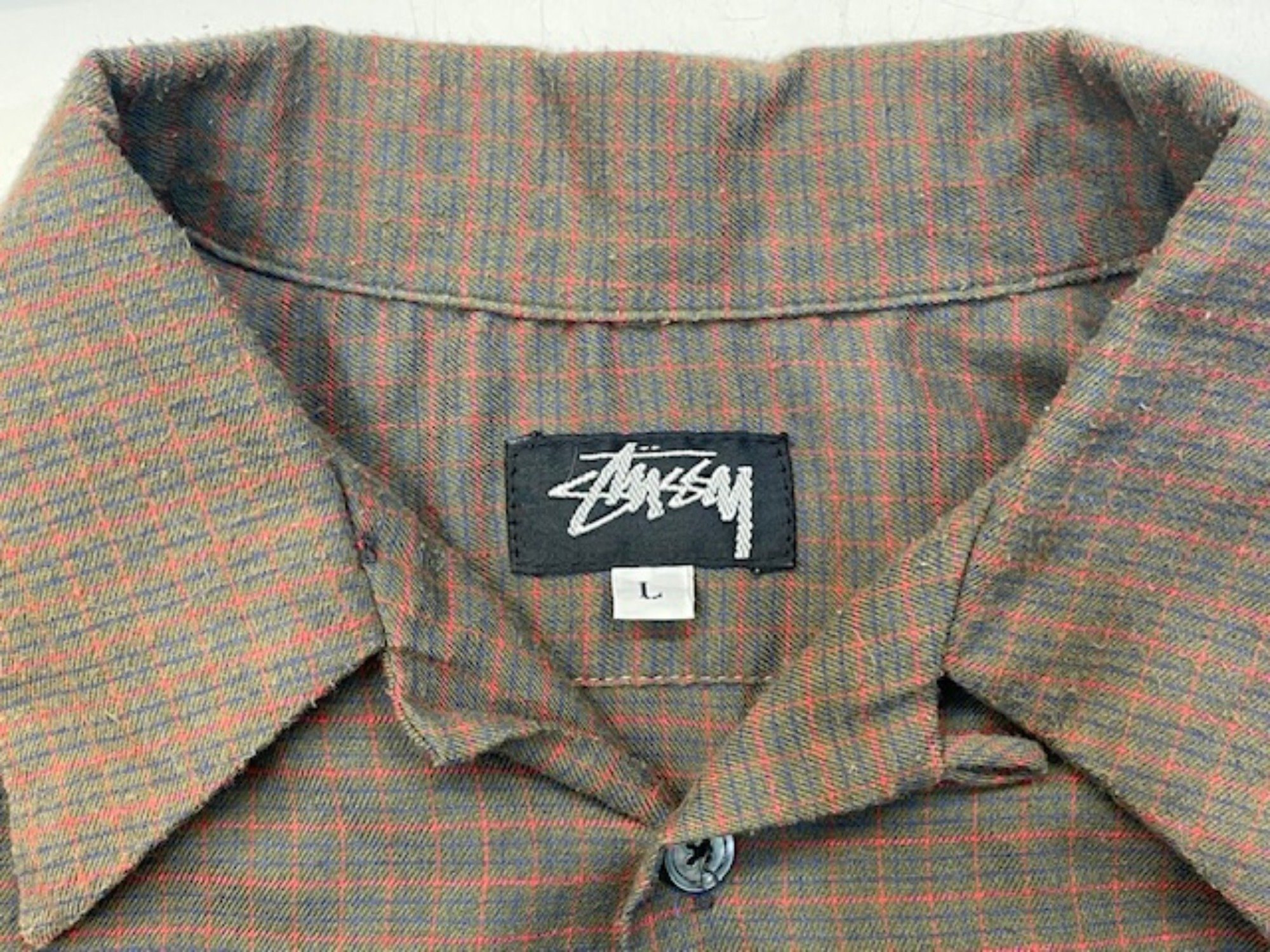 オールドステューシーstussyオープンカラーシャツ白タグvintage USA製 90s OLD STUSSY Cotton Open Collar S/S Shirt 緑 L 白